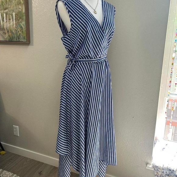 Blue White Striped Wrap Dress Handkerchief Hem - Size XL - Picture 2 of 8
